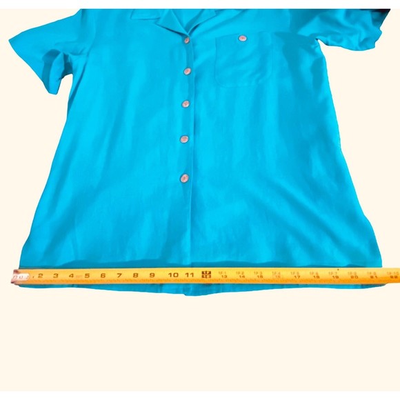 Melrose Silk Studio 100% SILK Teal Blue Button Up Short Sleeve Blouse Sz M - Picture 9 of 9
